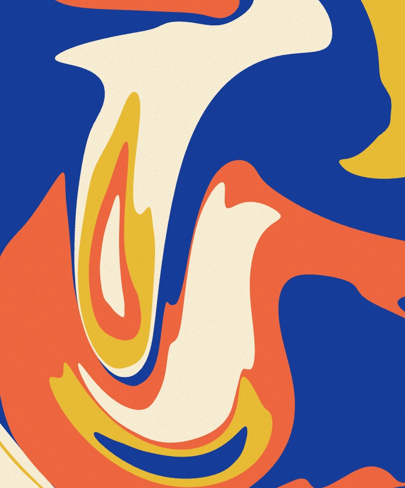 A marbled paper of cobalt blue, coral, mustard and cream pigments